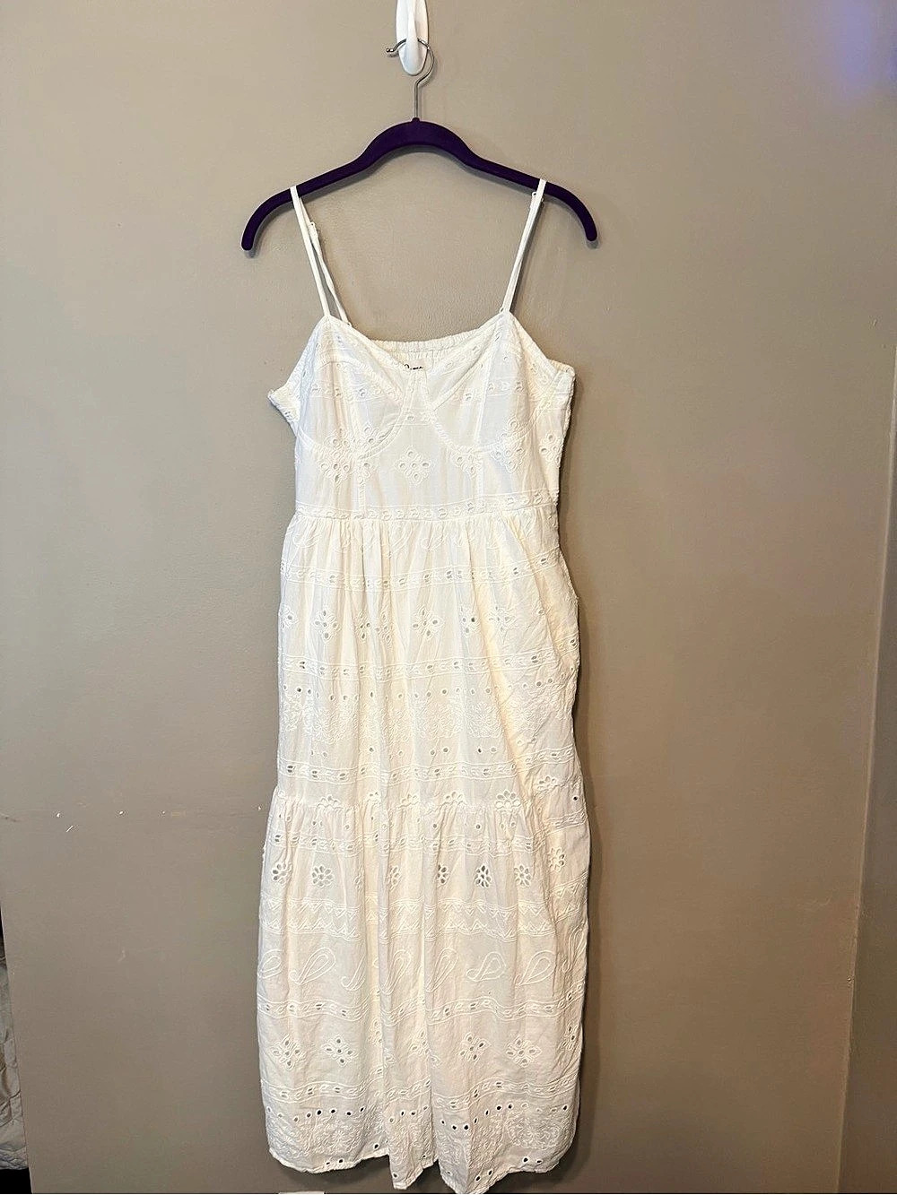 White Cotton Eyelet Midi Maxi Dress Large Tiered Boho